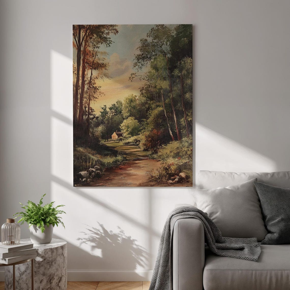 Sunlit Forest Path to Hidden Cottage Vintage Oil Painting Poster