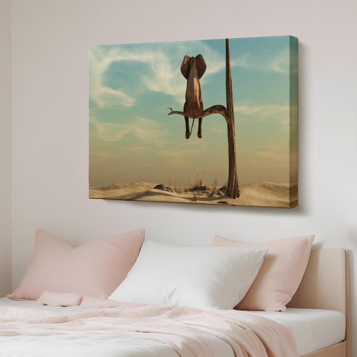 Whimsical Elephant Balancing On Tree Branch Desert Surreal Art Poster