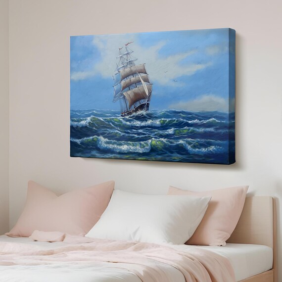 Tall Sailing Ship on Wavy Blue Ocean Waves Vintage Canvas Poster
