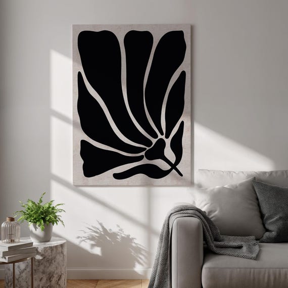 Black Abstract Botanical Canvas Print Modern Minimalist Wall Art Organic Shape Framed Decor Neutral Statement Living Room And Office