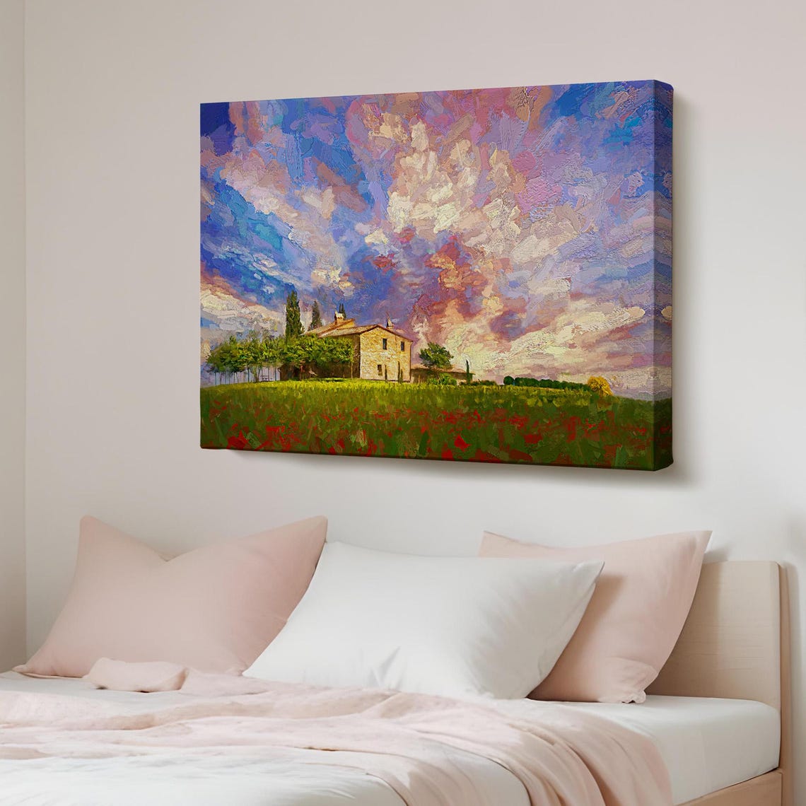 Tuscan Farmhouse in Poppy Field Dramatic Sunset Impressionist Poster
