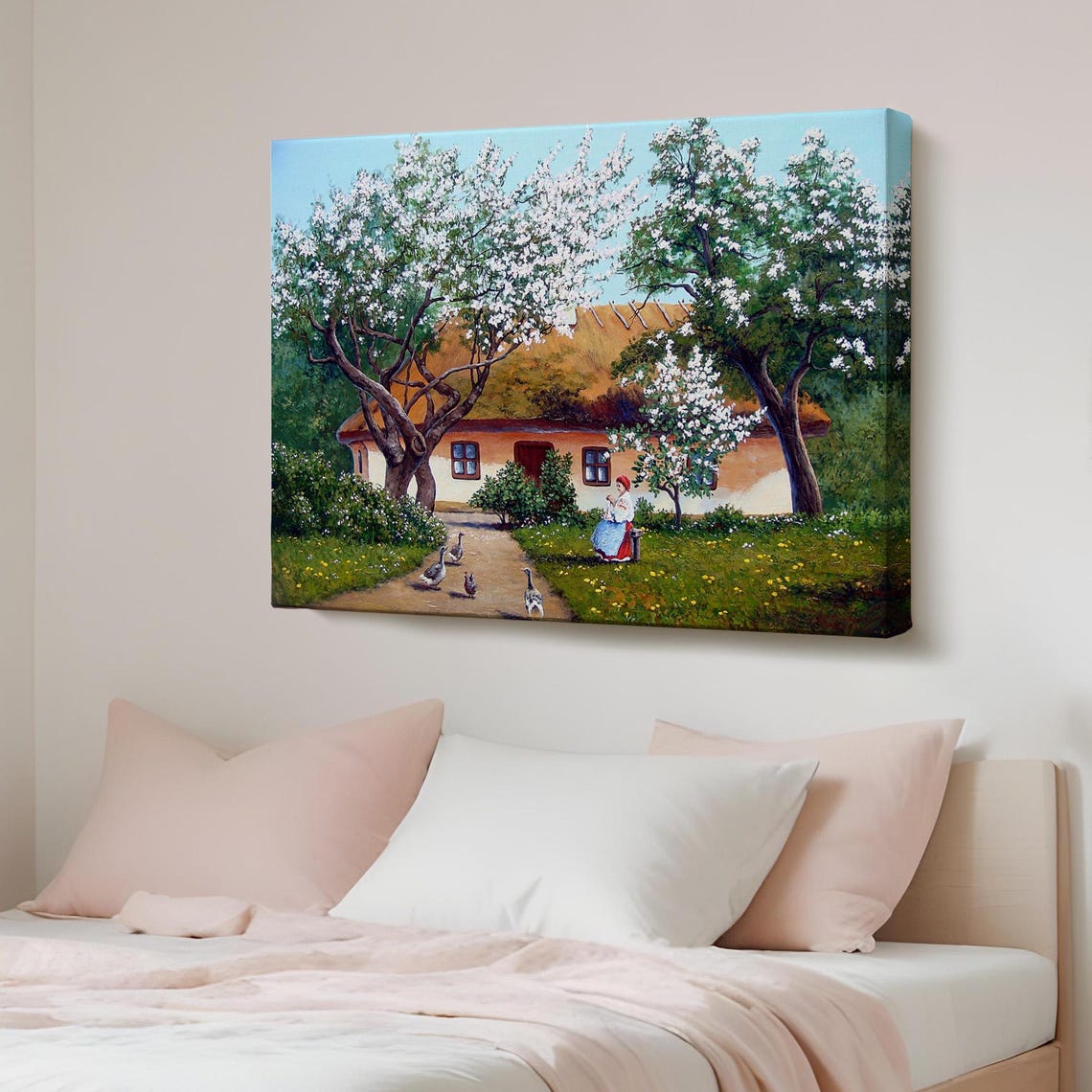 Thatched Cottage in Bloom with Folk Village Life Painting Poster