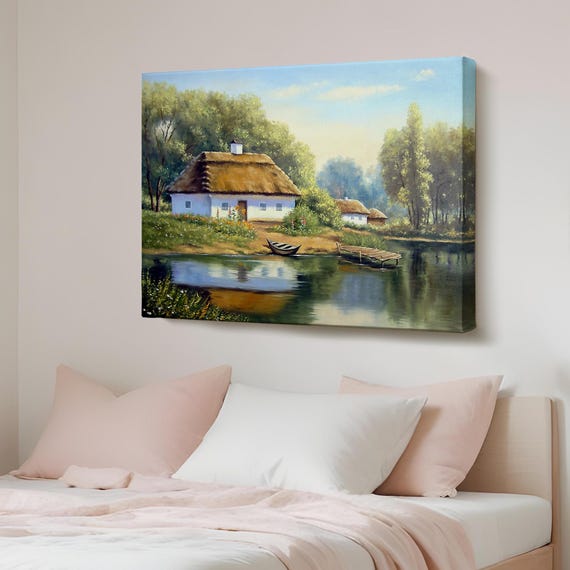 Lake View Village House Oil Painting Look Decorative Canvas Wall Art Nature Decor Print