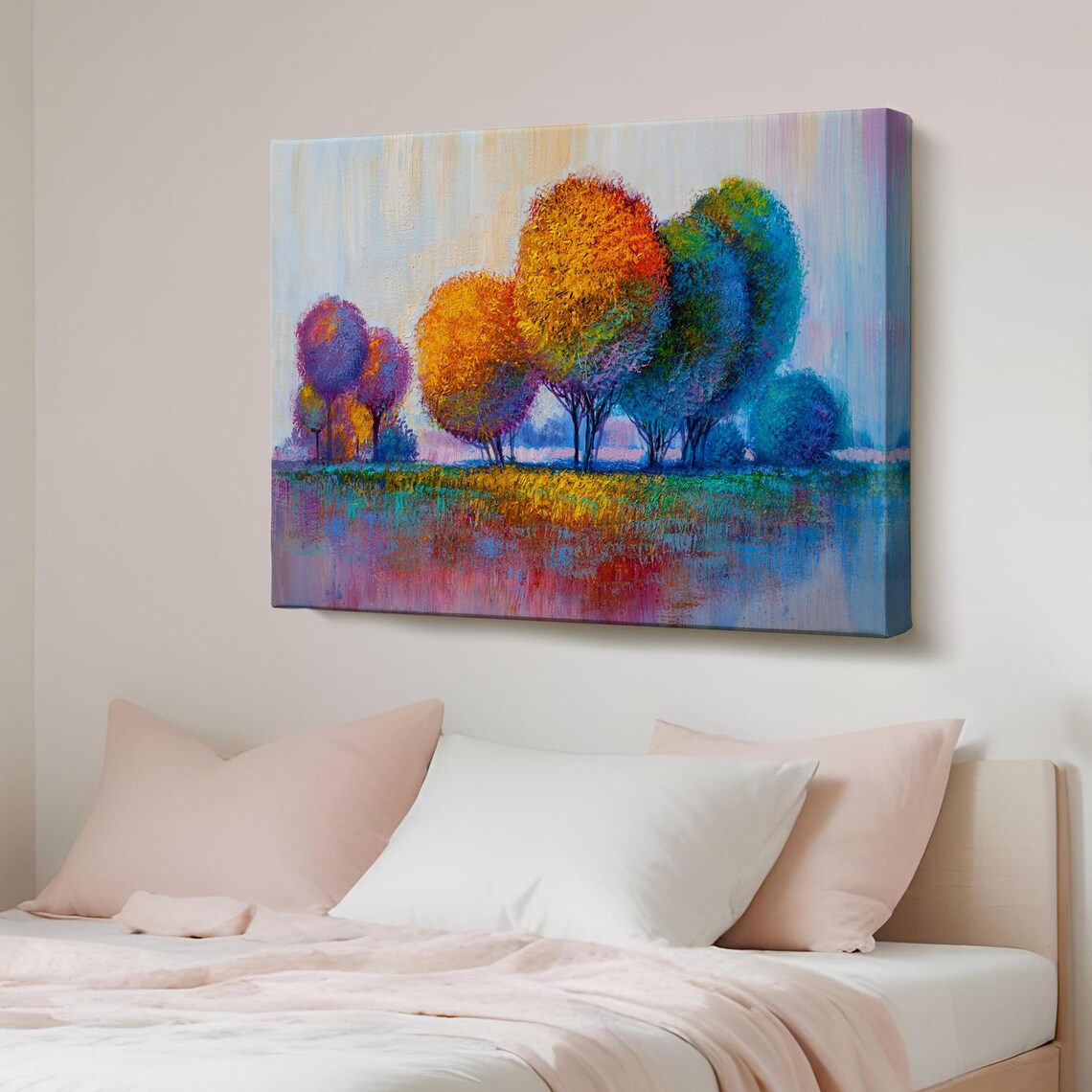 Autumn Rainbow Trees Reflecting in Water Vibrant Fall Landscape Wall Art