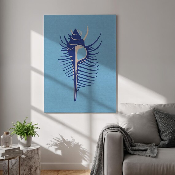 Sea Shell Canvas Print Coastal Wall Art Minimalist Style Blue Beige Nautical Poster Framed Ocean Life Decor For Bathroom Or Entryway