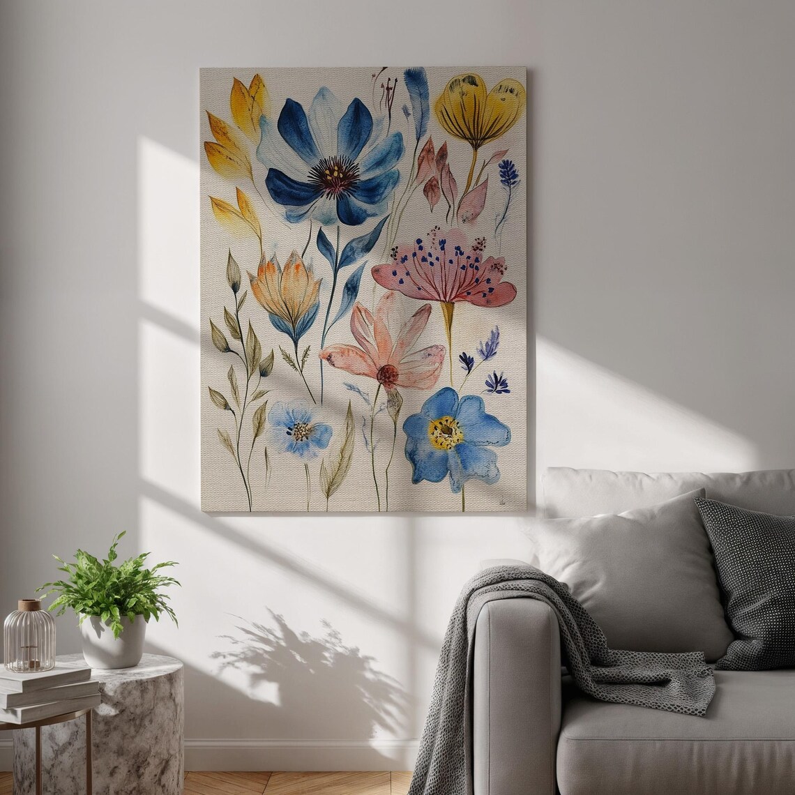 Delicate Wildflower Watercolor Blue Pink Botanical Floral Art Poster