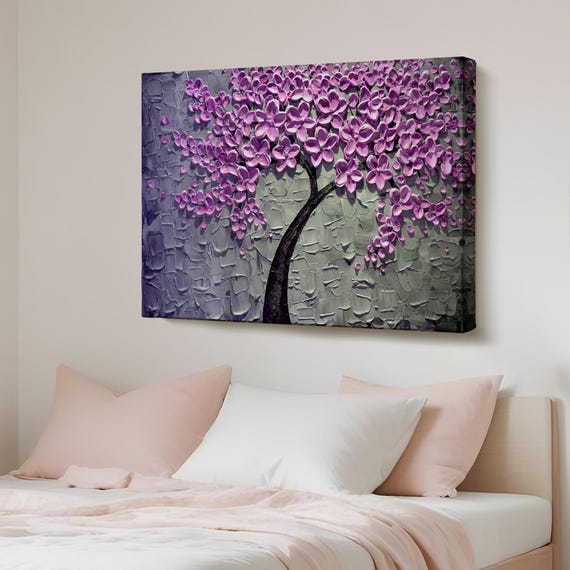 Pink Flower Tree Oil Painting Look Decorative Canvas Wall Art Framed Large Abstract Print