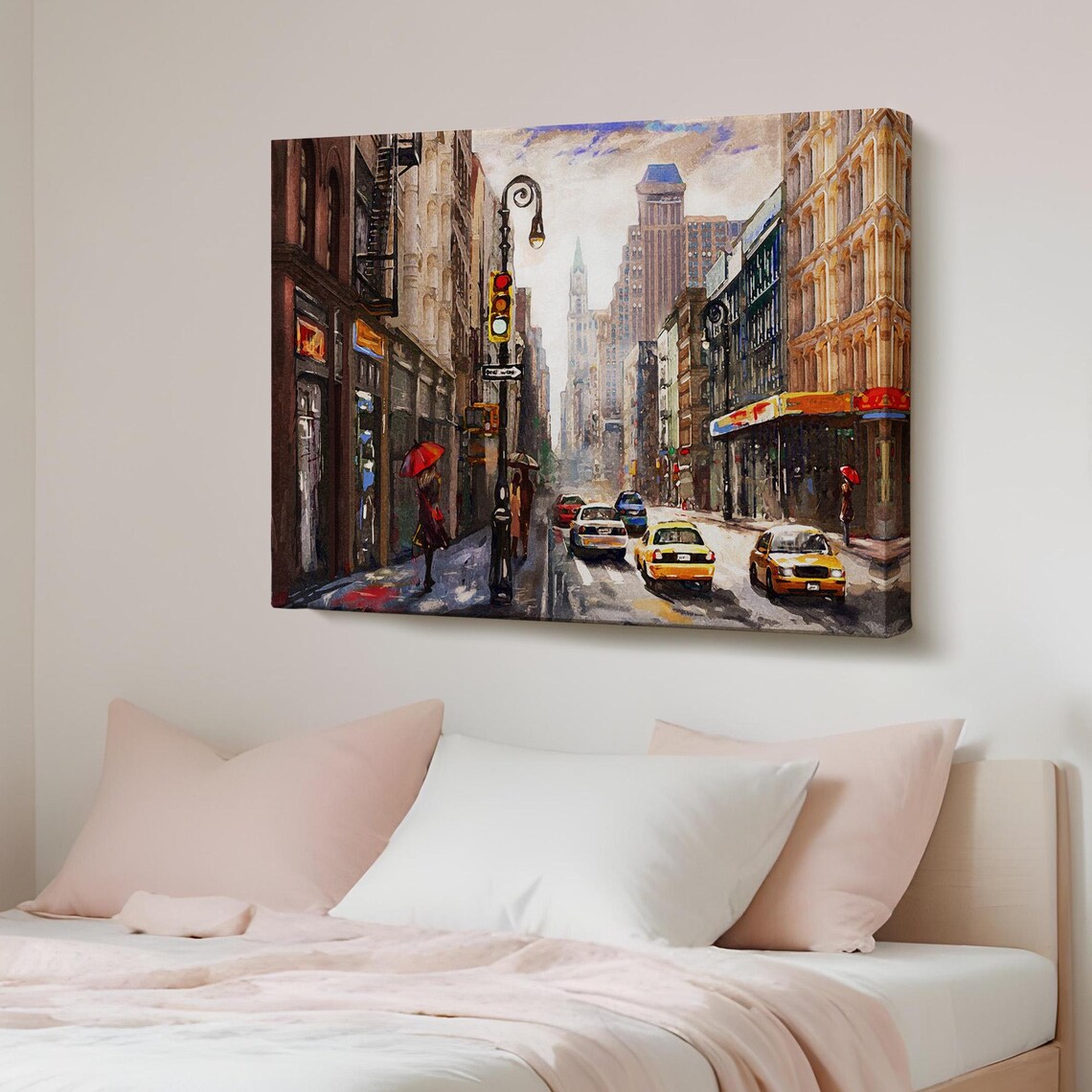 New York City Street Yellow Taxis Rainy Day Urban Painting Poster