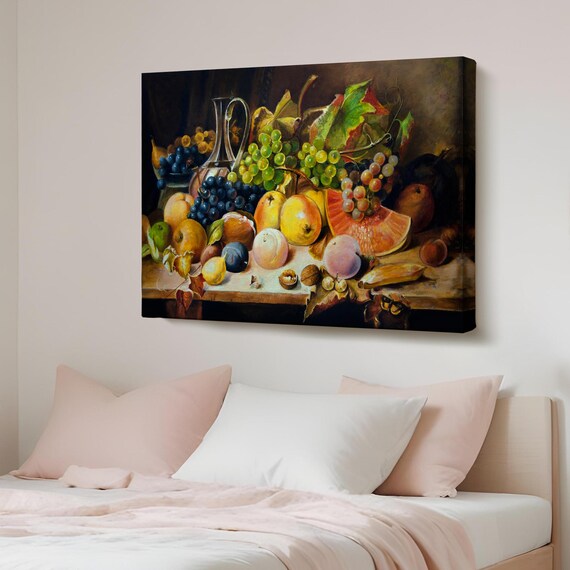 Classic Fruit Still Life Grapes Peaches Melon Dark Table Poster