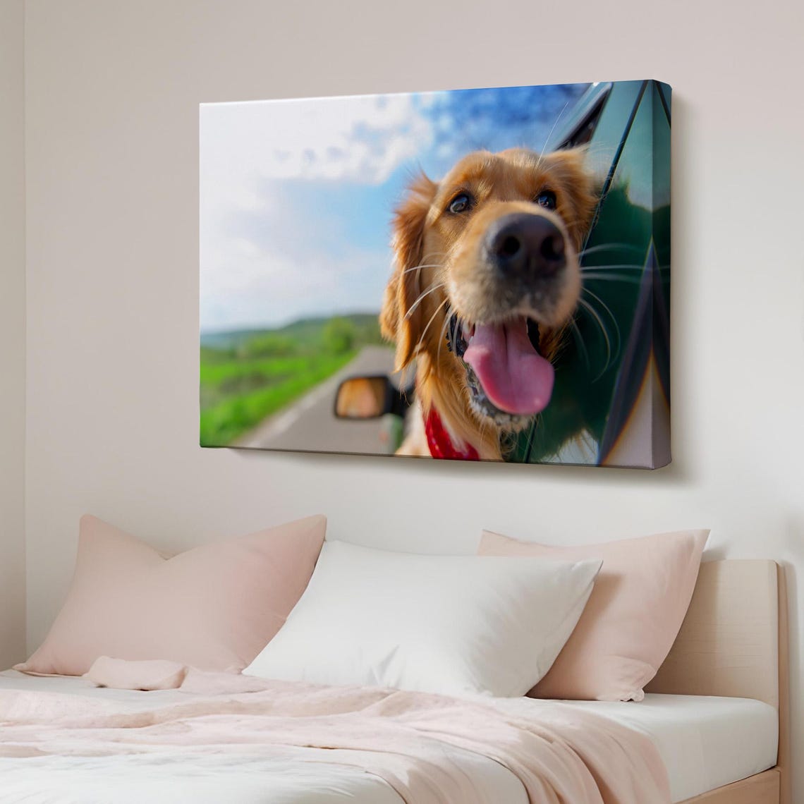 Happy Golden Retriever in Car Window Joyful Dog Portrait Poster