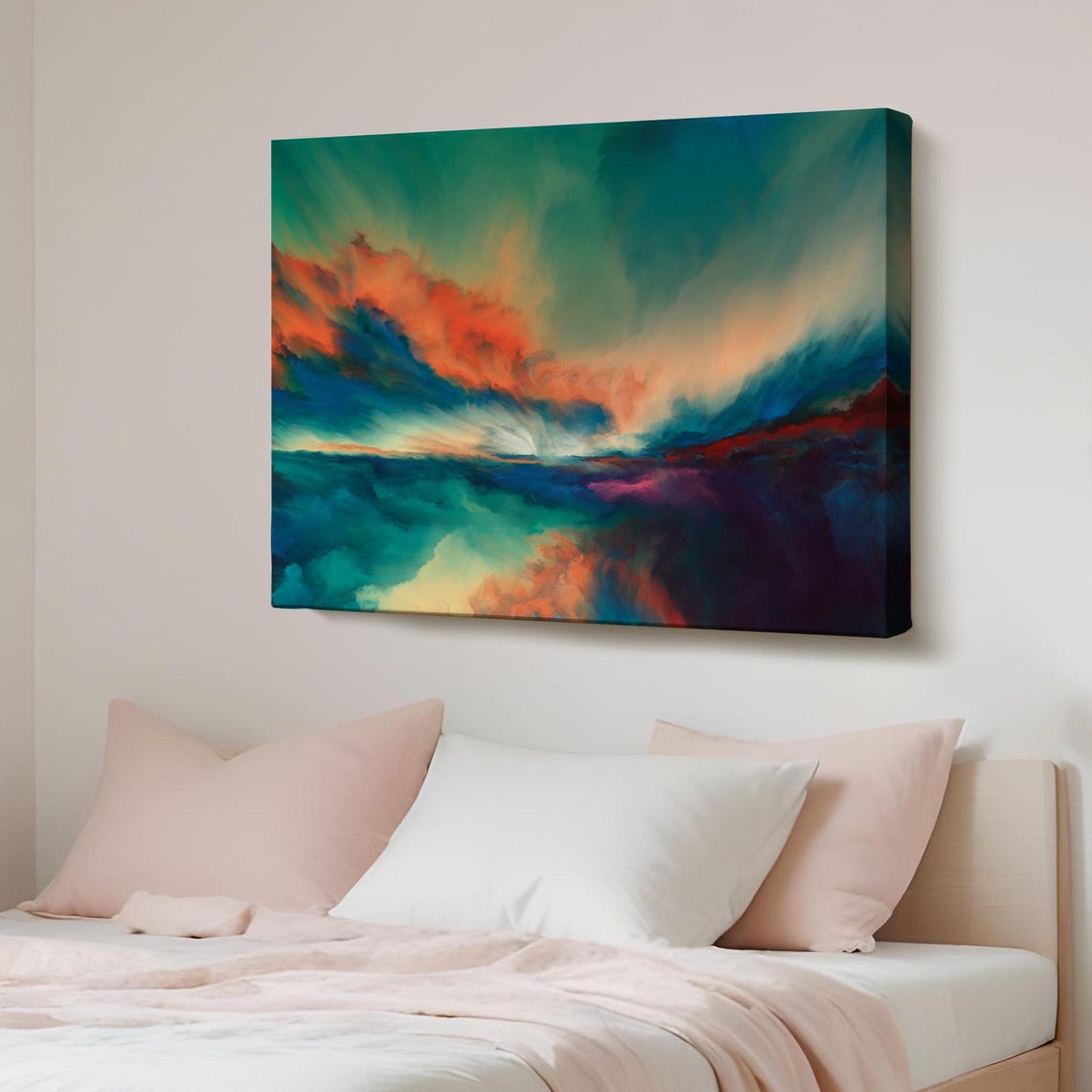 Teal Orange Abstract Sunset Ocean Storm Clouds Canvas Wall Art
