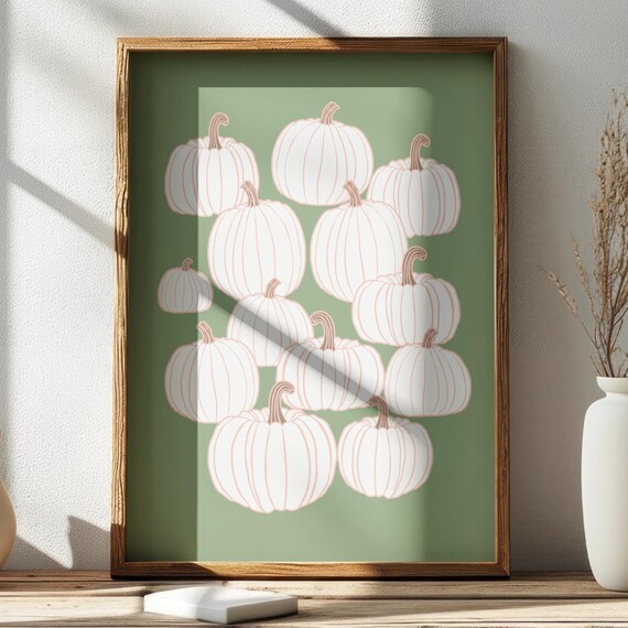 White Pumpkins Line Art On Sage Green Fall Autumn Season Print