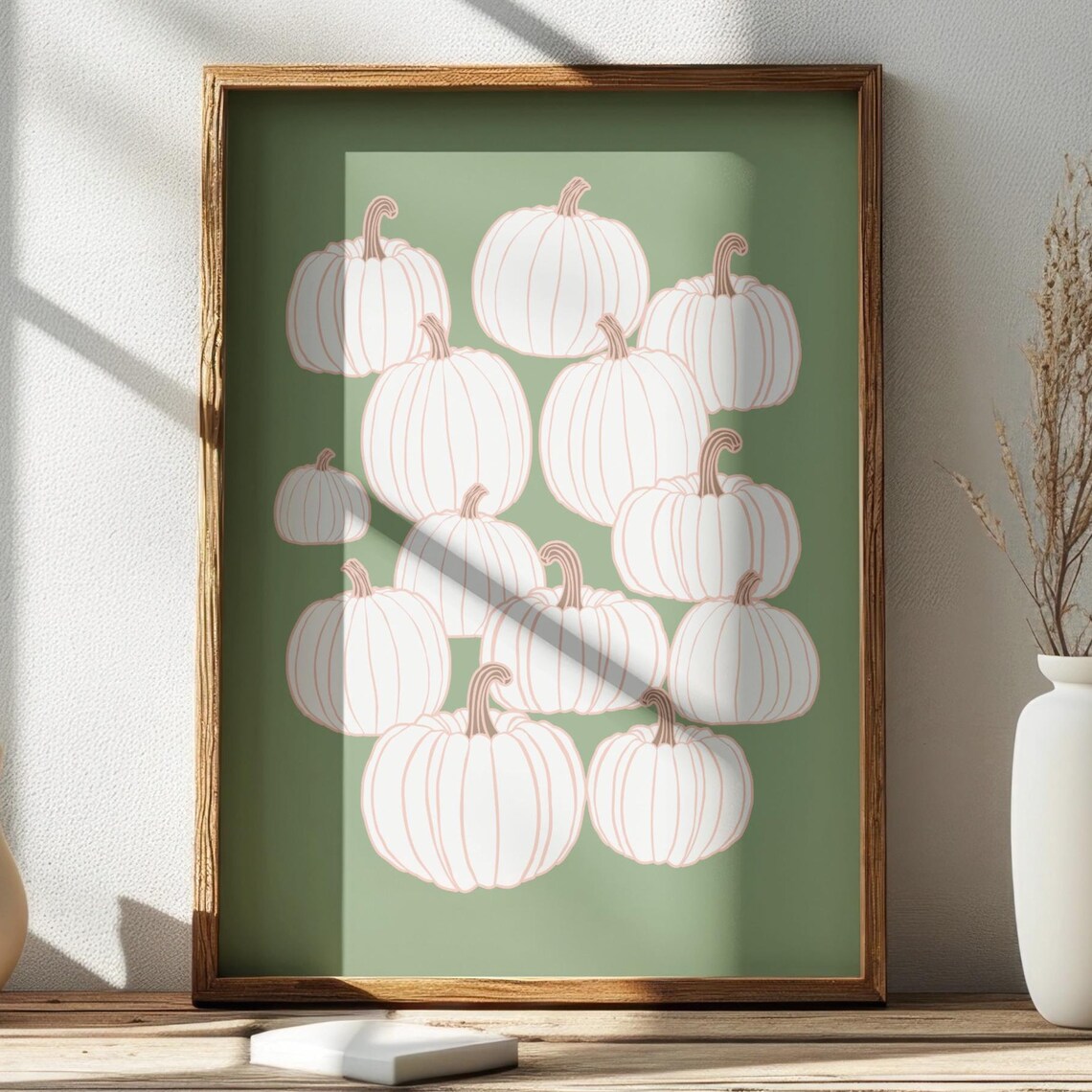 White Pumpkins Line Art On Sage Green Fall Autumn Season Print