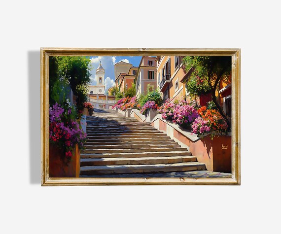 Rome Spanish Steps Flower Filled Staircase Italy Oil Painting Poster