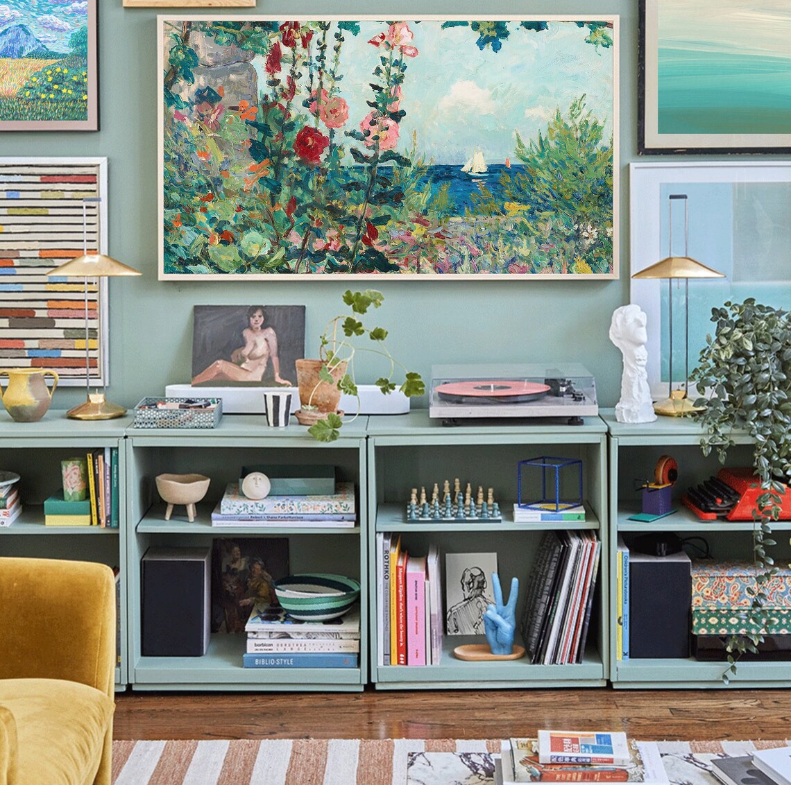 Wildflower Garden Overlooking Blue Sea Sailboats Coastal Summer Poster - Image 3