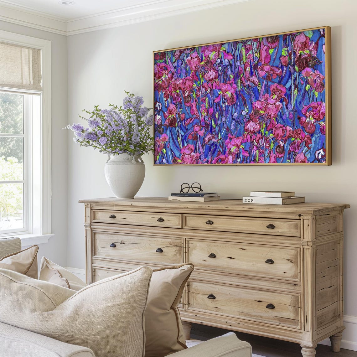 Vibrant Magenta Iris Flowers Impasto Floral Garden Painting Poster - Image 5
