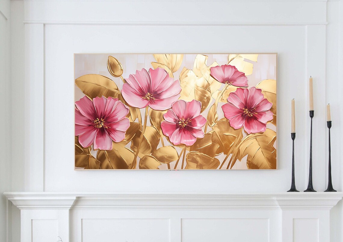 Pink Cosmos Flowers Gold Leaves Metallic Floral Painting Poster - Image 5