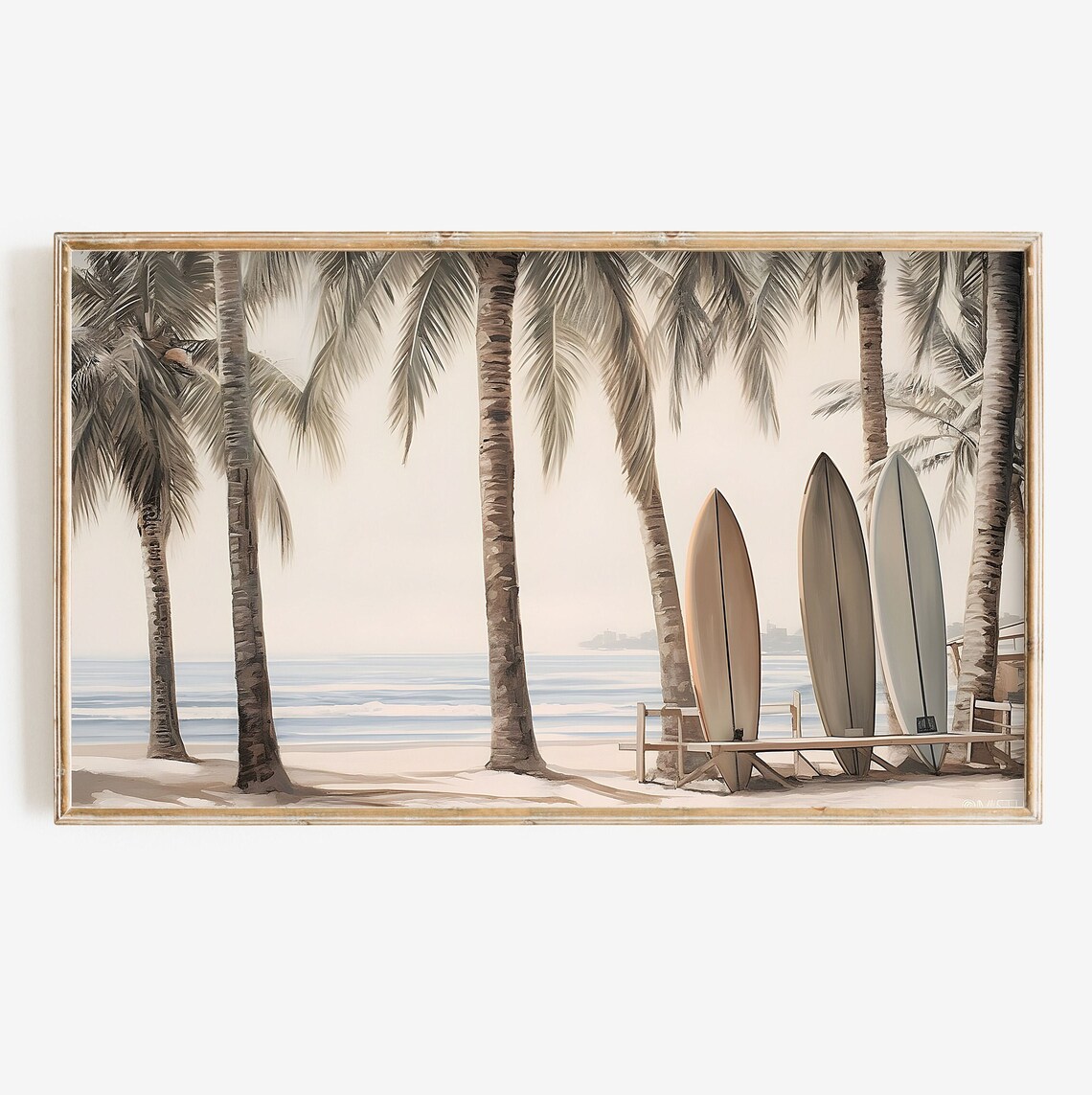 Summer Tropical Palm Trees and Surfboard Art Print