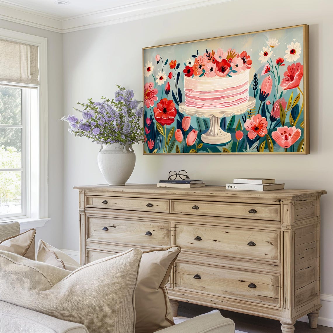 Floral Birthday Cake Stand Coral Blossoms Celebration Art Poster - Image 5