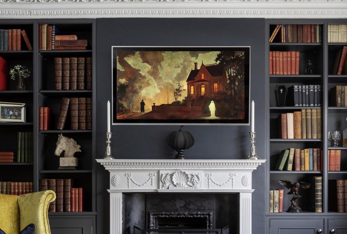 Spooky Victorian House Ghost Steps Eerie Dusk Oil Painting Poster - Image 3