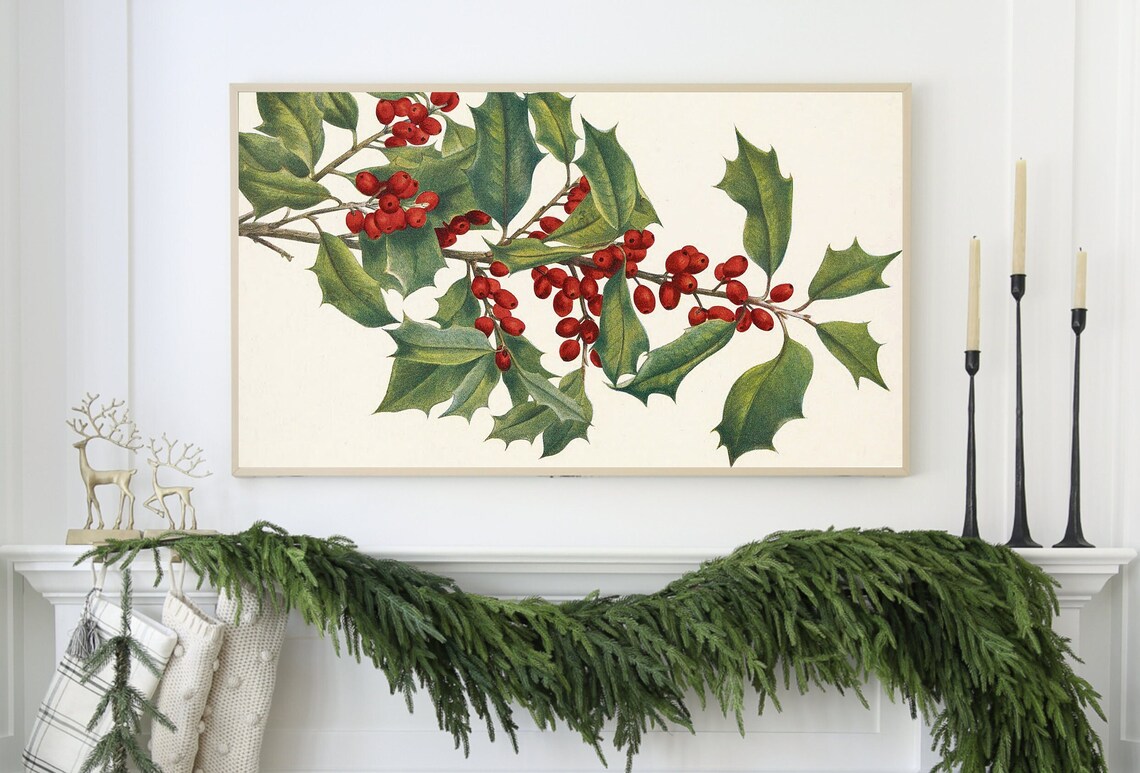Vintage Botanical Holly Branch With Red Berries Classic Art Print - Image 2