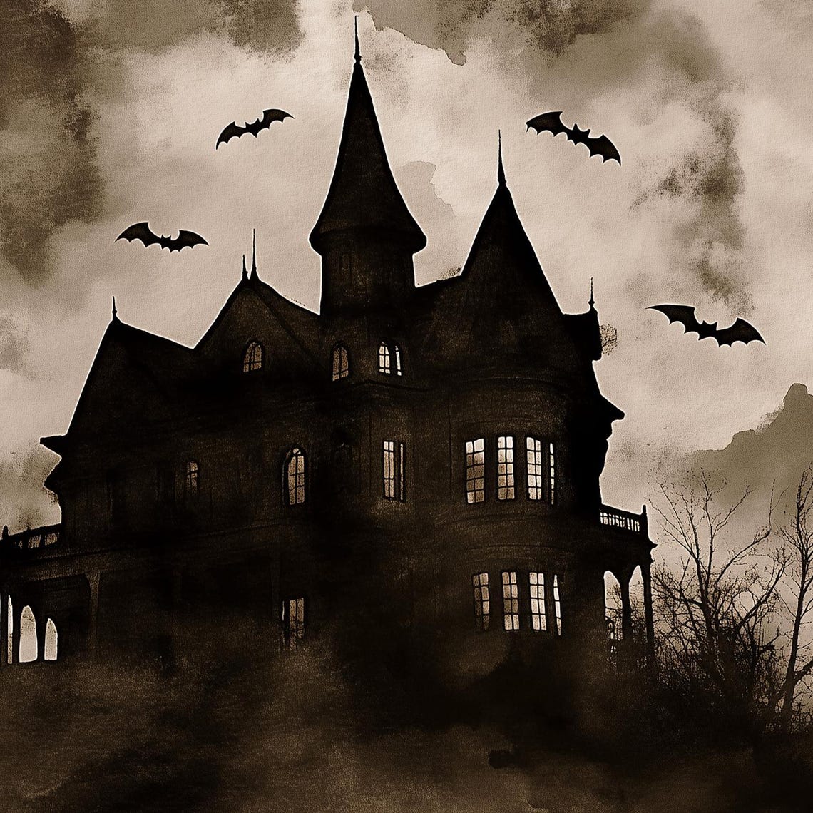 Sepia Haunted Mansion Full Moon Bats Misty Halloween Night Poster - Image 3