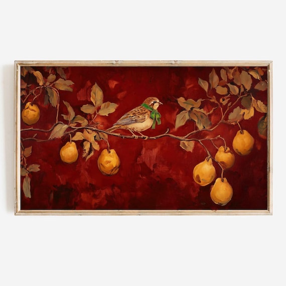 Frame Tv Christmas Art Botanical Partridge In A Pear Tree Tv Moody Dark Toned Holiday Tv Background