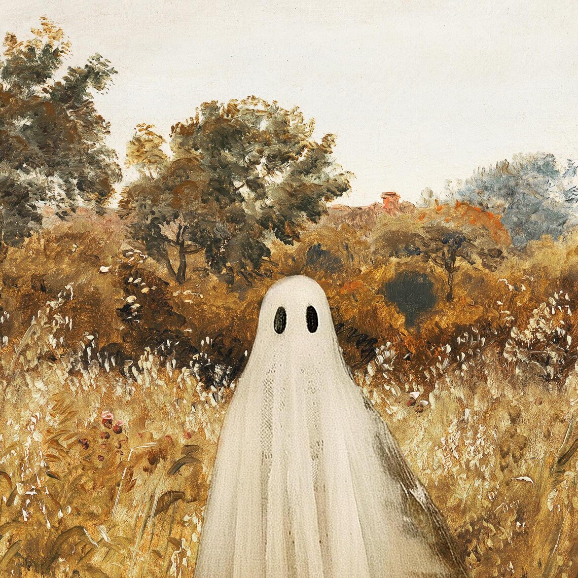 Lone Sheet Ghost In Golden Wheat Field Vintage Autumn Halloween Poster - Image 3