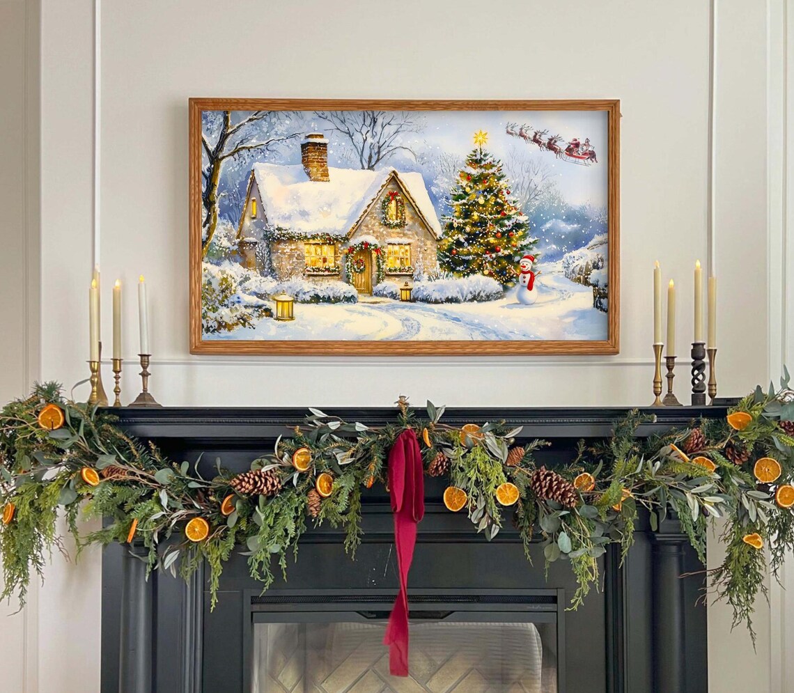 Cozy Christmas Cottage Snowy Village Tree Santa Sleigh Holiday Poster - Image 2