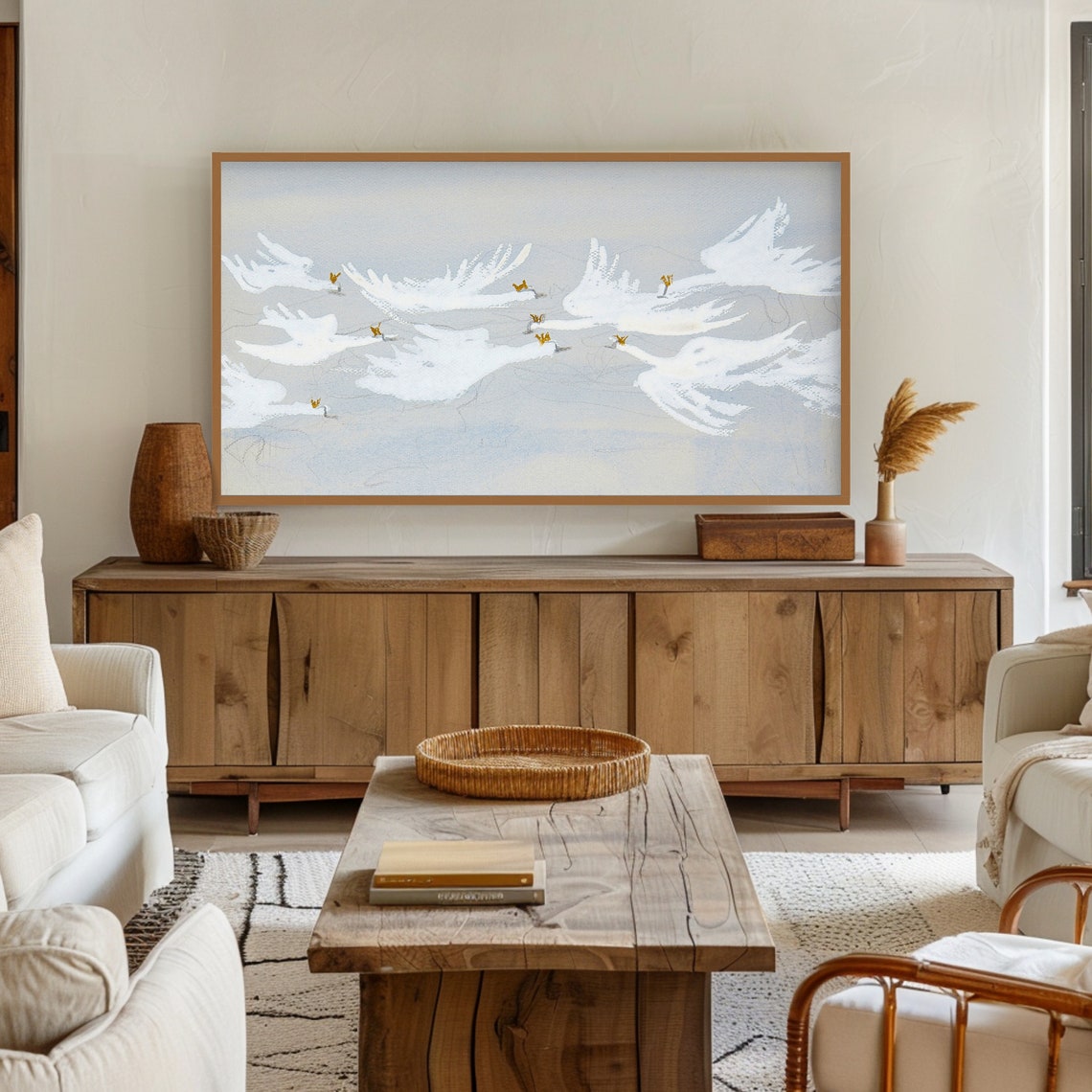 Abstract White Swans In Flight Minimalist Gray Bird Flock Wall Art - Image 2