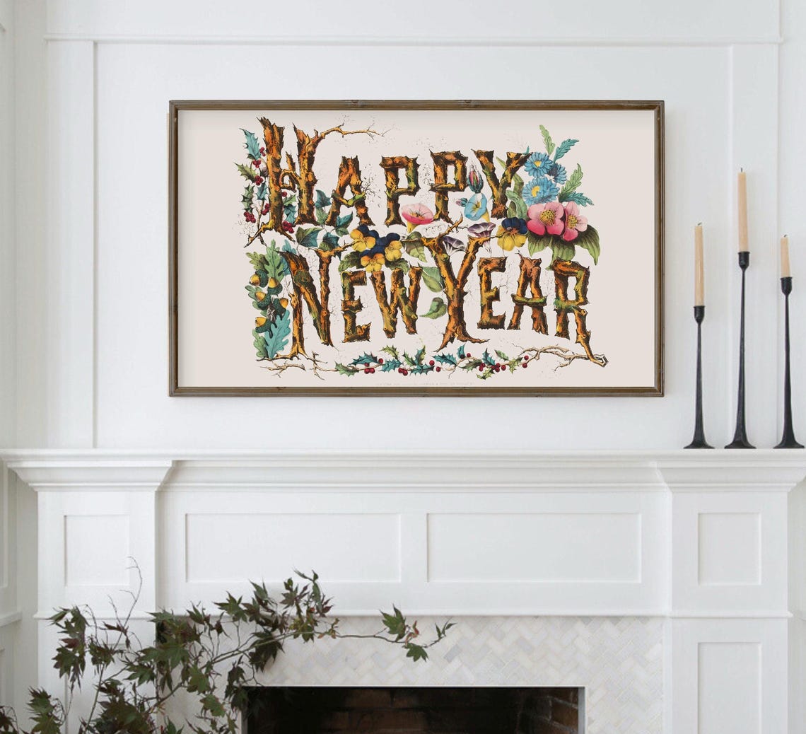 Happy New Year Vintage Botanical Tree Bark Lettering Art Print - Image 3