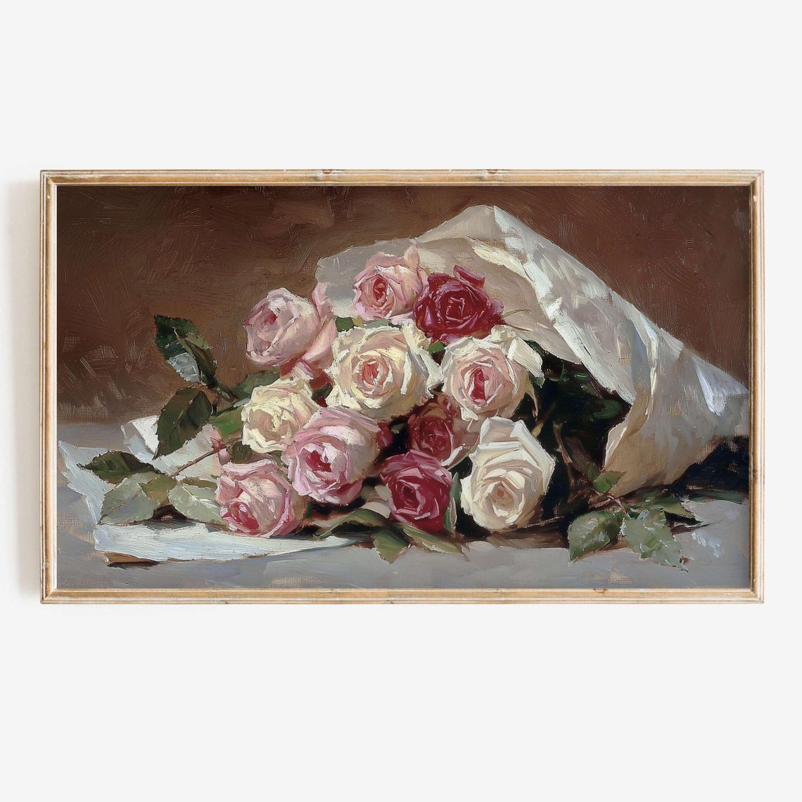Pink White Rose Bouquet Wrapped In Paper Vintage Still Life Poster