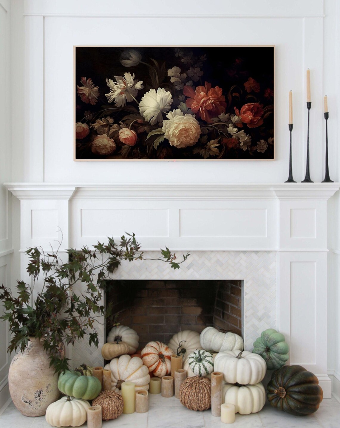 Dark Moody Floral Still Life White Roses Black Background Art Poster - Image 3
