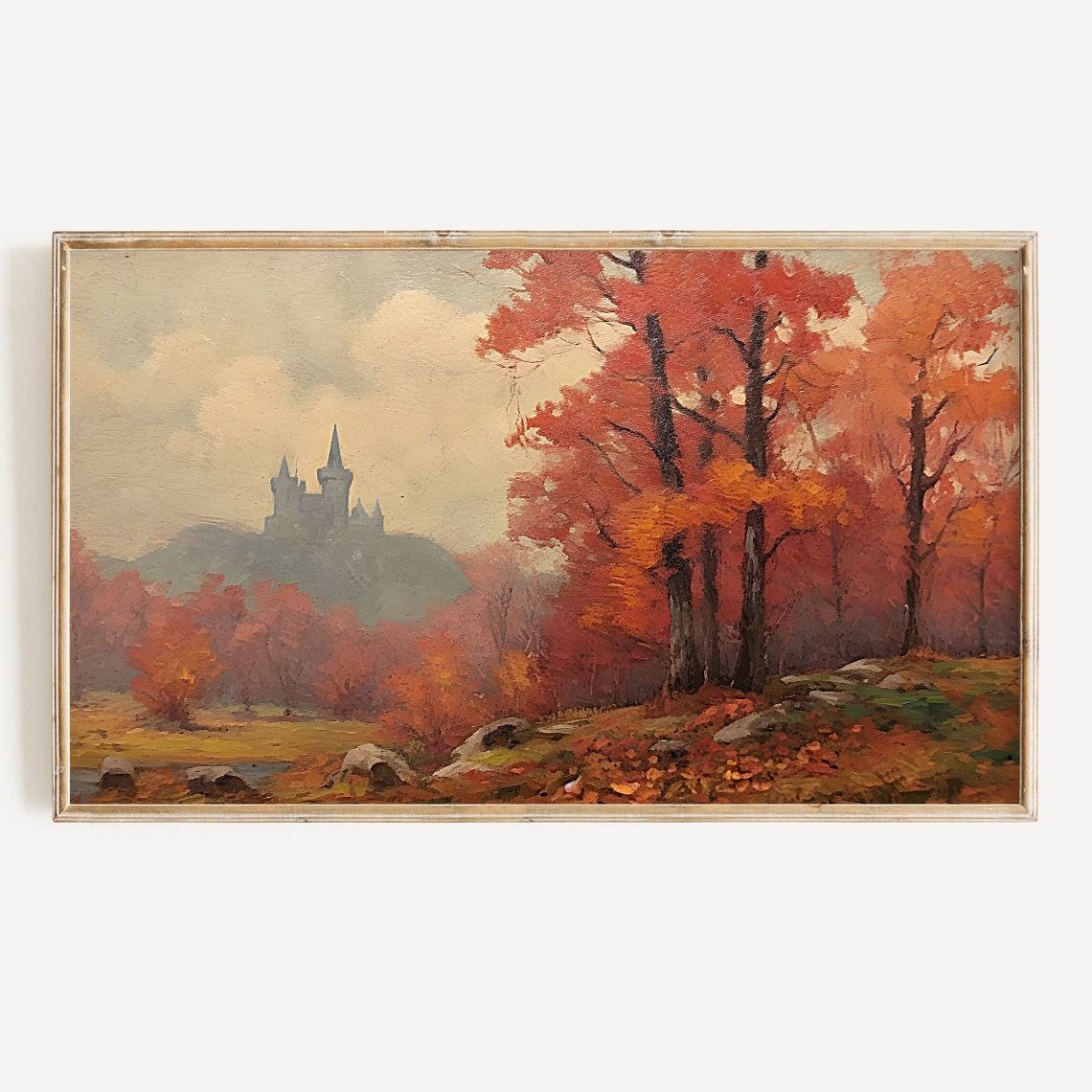 Vintage Autumn Red Trees Castle Hill Fall Landscape Painting Poster