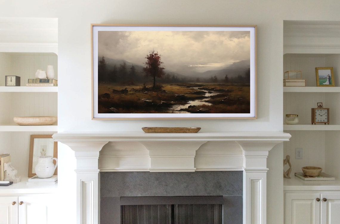 Moody Autumn Landscape Lone Tree Stream Misty Mountains Fall Poster - Image 2