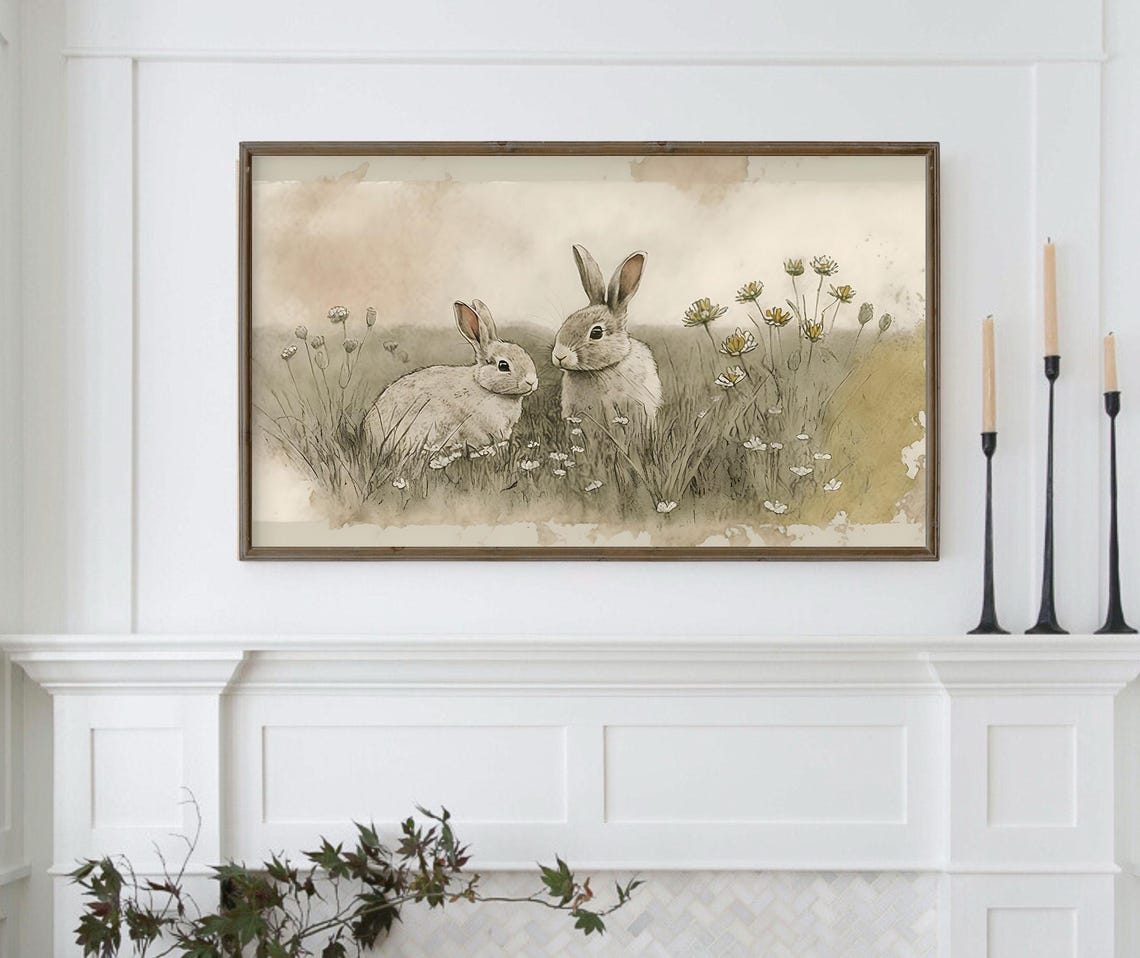 Watercolor Bunnies In Wildflowers Neutral Sketch Easter Art Poster - Image 4