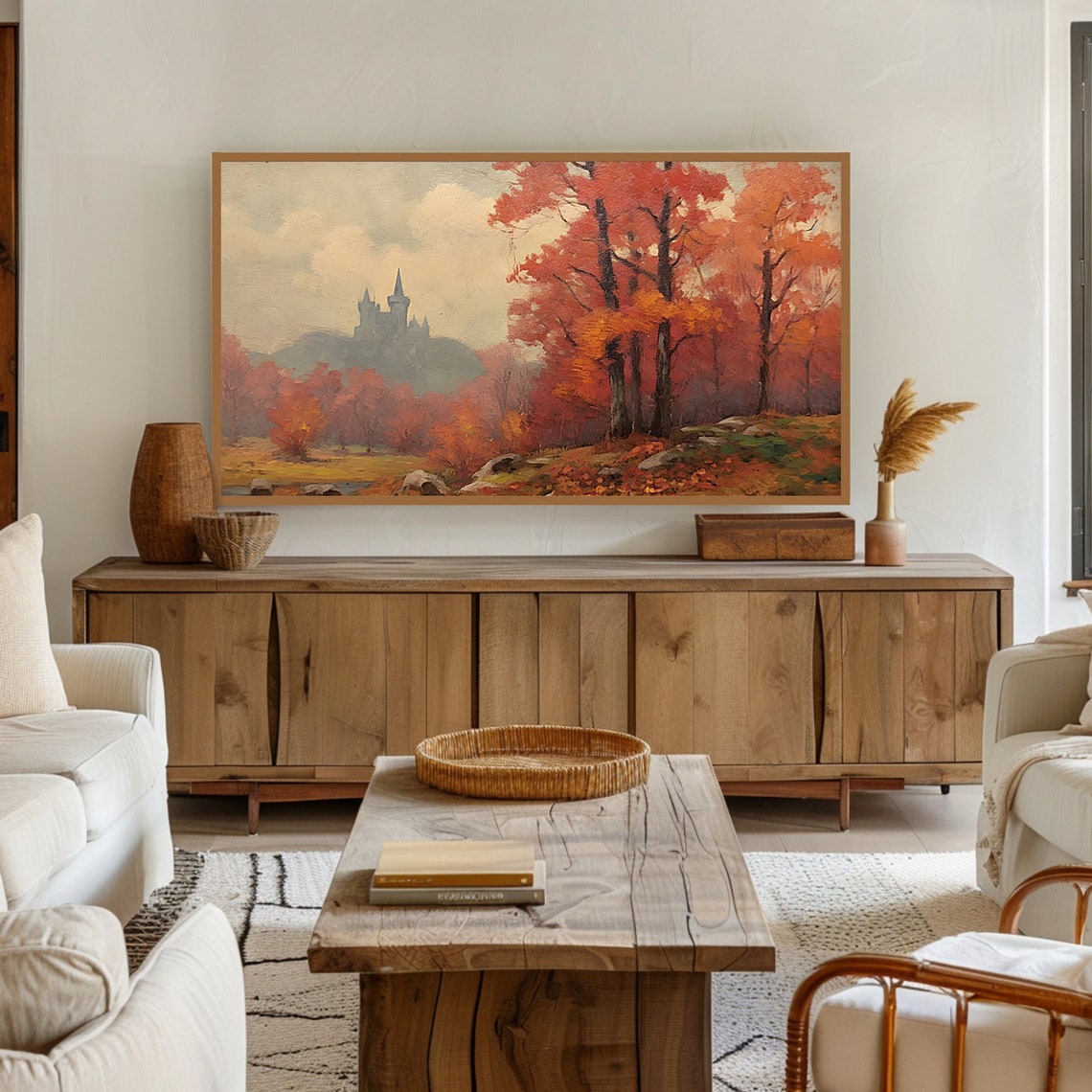 Vintage Autumn Red Trees Castle Hill Fall Landscape Painting Poster - Image 3