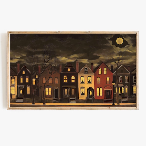 Spooky Night Townhouses Glowing Windows Full Moon Halloween Poster