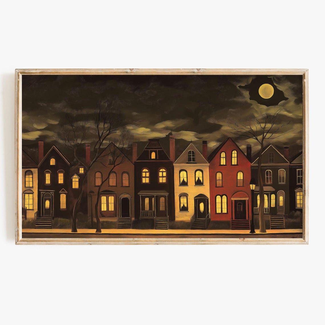 Spooky Night Townhouses Glowing Windows Full Moon Halloween Poster