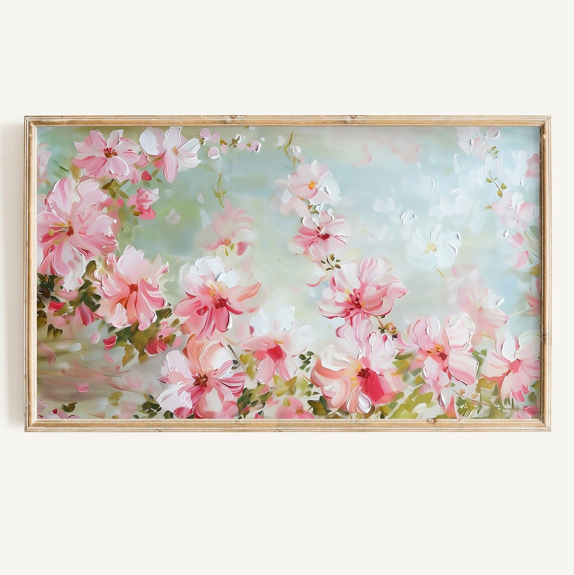 Soft Pink Wildflowers Pale Blue Airy Spring Floral Painting Poster