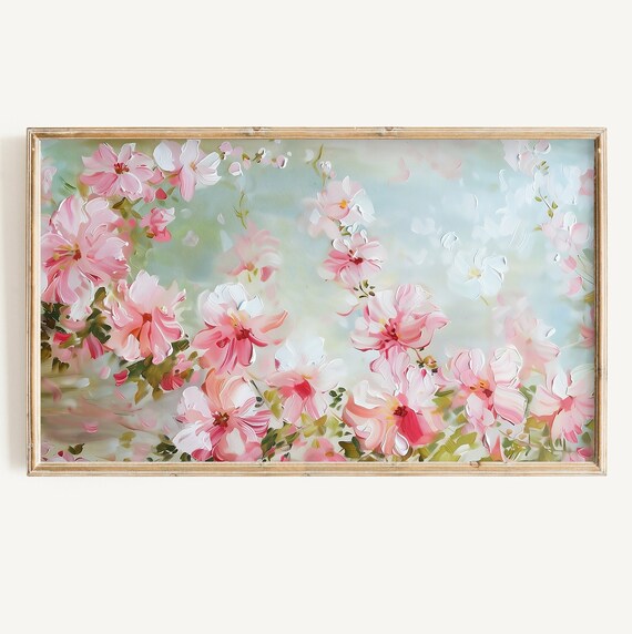 Soft Pink Wildflowers Pale Blue Airy Spring Floral Painting Poster