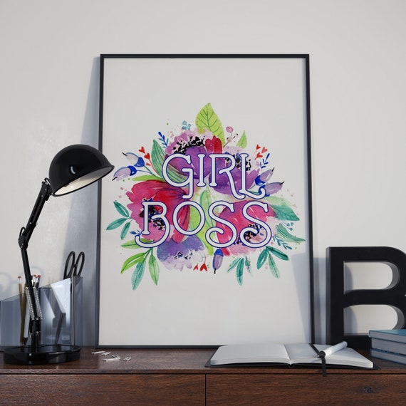Girl Boss Watercolor Floral Feminist Office Decor Gift Poster