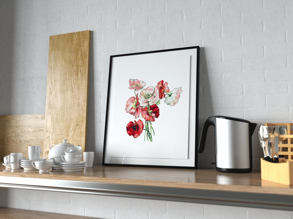 Red Poppy Watercolor Bouquet Minimalist Floral Blossom Poster
