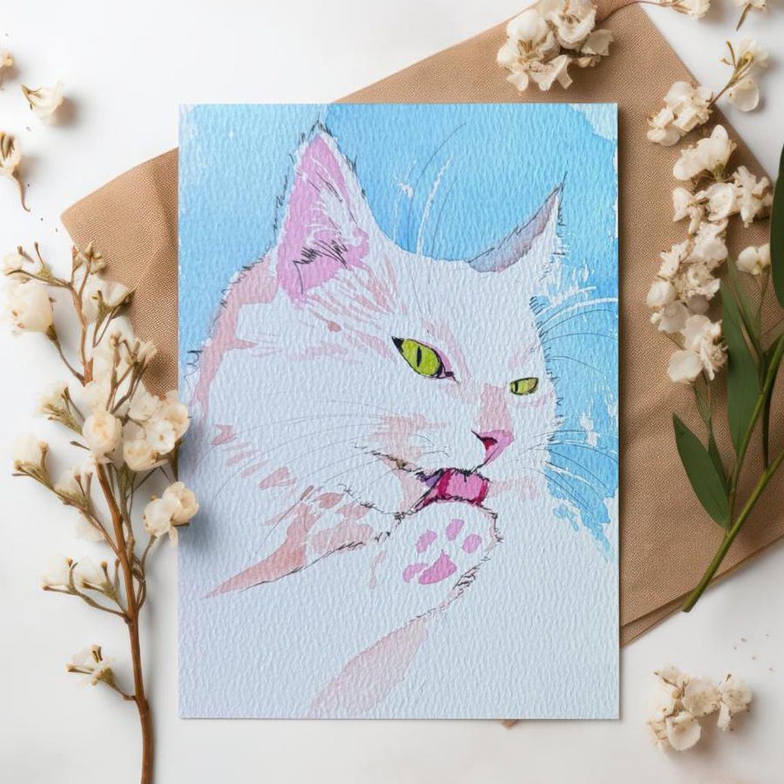 Cat Watercolor Painting, Nursery Decor