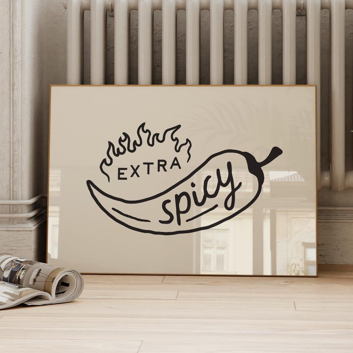 Extra Spicy Chili Pepper Line Art Minimalist Kitchen Wall Poster