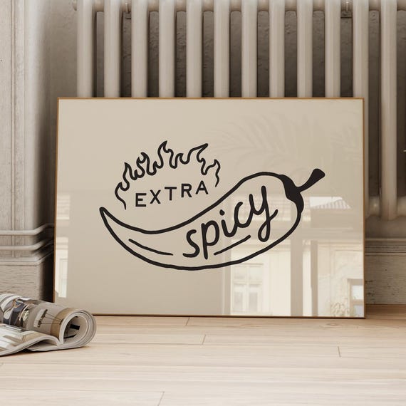Extra Spicy Pepper Print Hand Drawn Wall Art Trendy Dopamine Decor Horizontal
