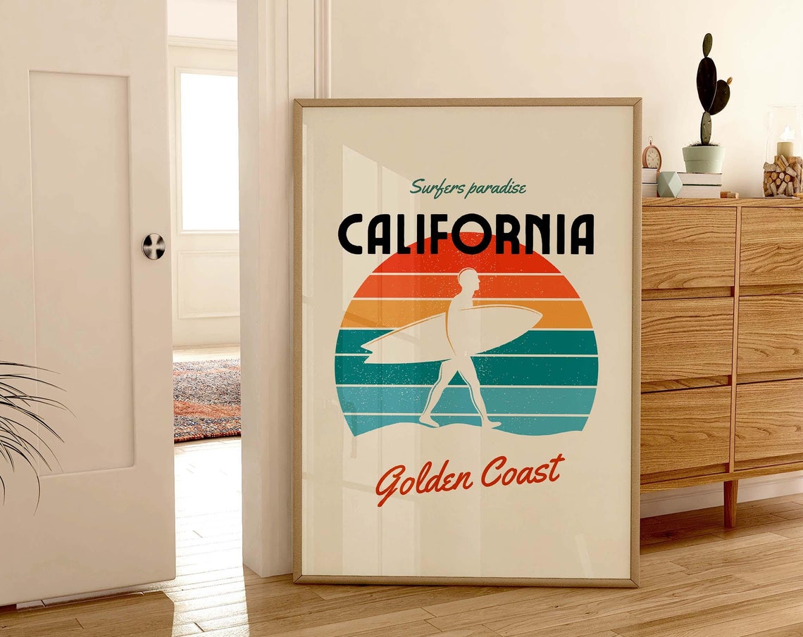 California Golden Coast Surfers Paradise Retro Sunset Surf Wall Poster