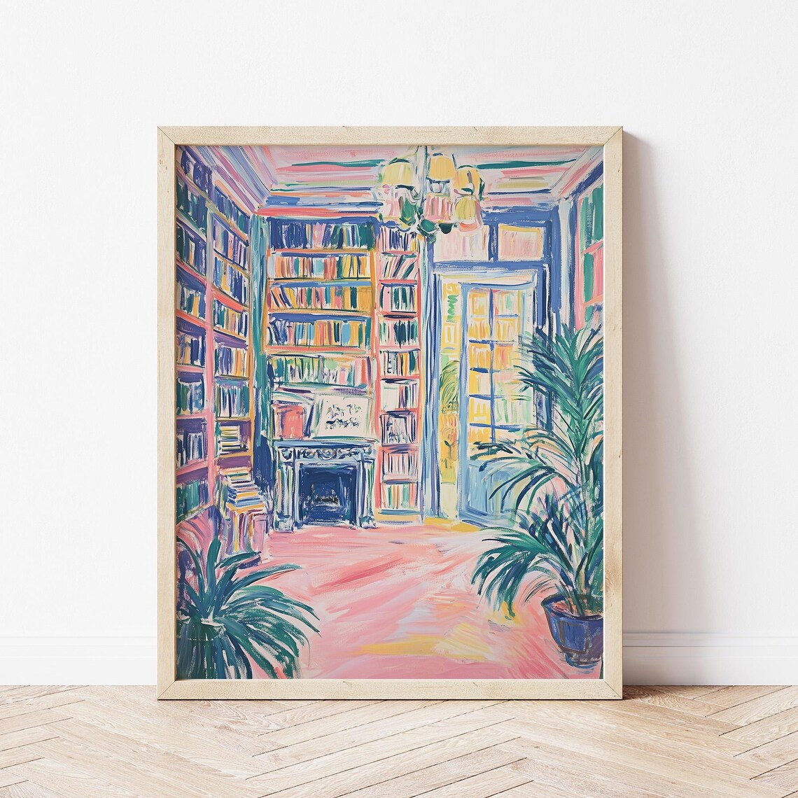 Colorful Fauvist Library Interior Chandelier Fireplace Bookish Poster