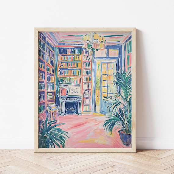 Colorful Fauvist Library Interior Chandelier Fireplace Bookish Poster