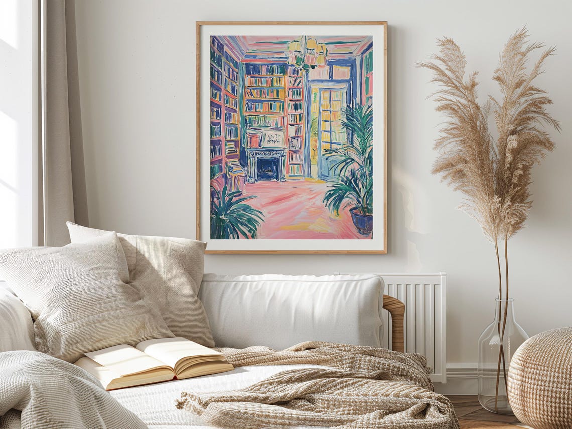Colorful Fauvist Library Interior Chandelier Fireplace Bookish Poster - Image 3